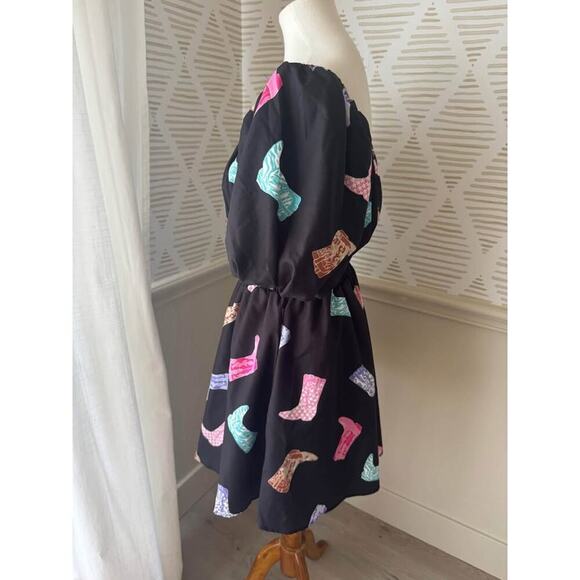 Peach Love Women’s Large Cowgirl Let’s Go Girls Black Boot Puff Sleeve Dress - Picture 3 of 5